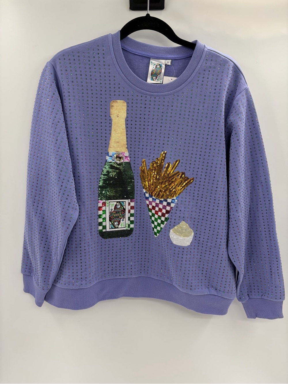 Queen of sparkles purple champ & fries rhinestone preppy sweatshirt medium NWT